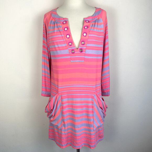 Nanette Lepore Swim Barbie Hot Pink Pastel Lilac Striped Tunic Dress Coverup Top - Picture 3 of 10